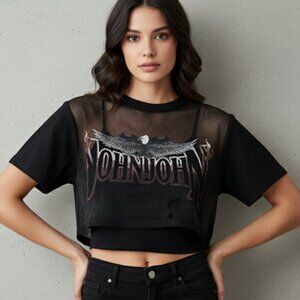 JOHNJOHN Distressed Black Mesh Graphic Crop Top with Eagle Wings